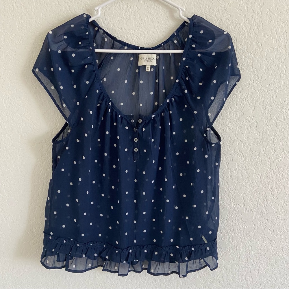 Gilly hicks navy polka dot sheer blouse ruffle S